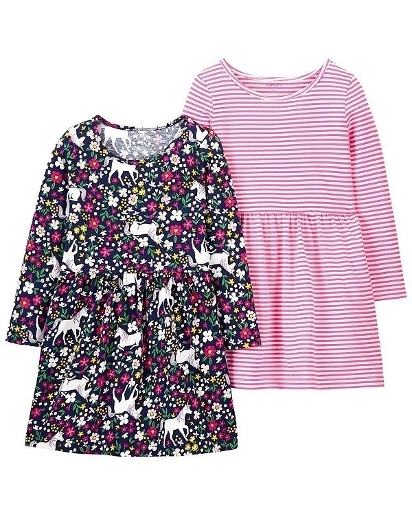 Kit Vestido Carters Manga Longa Rosa Listras e Unicornio