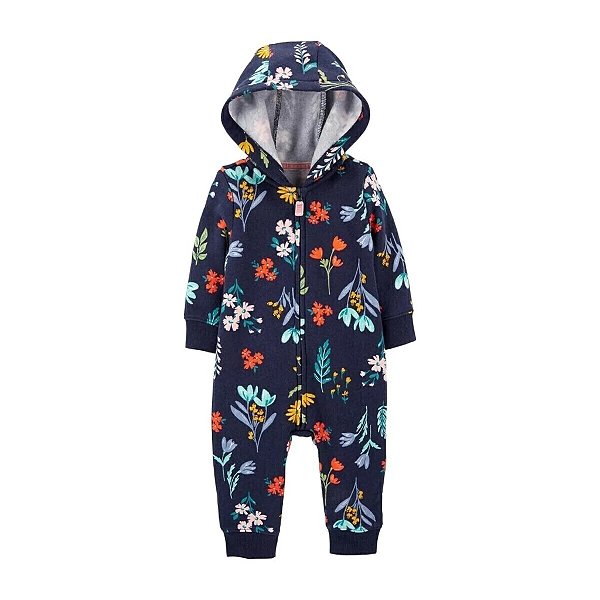 Macacão Carters Moletom Bebe Jumpsuit Azul Flores