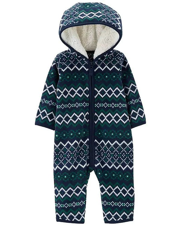 Macacão Carters Fleece Bebe Jumpsuit Azul Etnico Sherpa