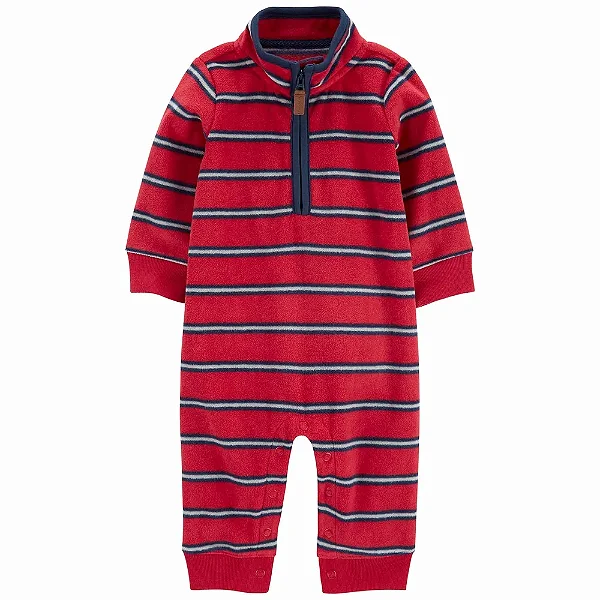 Macacão Carters Fleece Bebe Jumpsuit Vermelho Listras