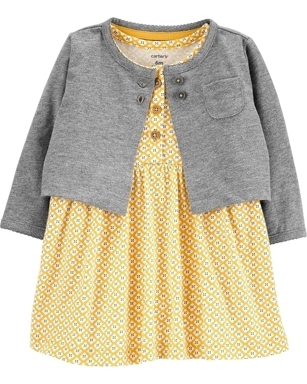 Vestido Carters Amarelo com Cardigan Cinza