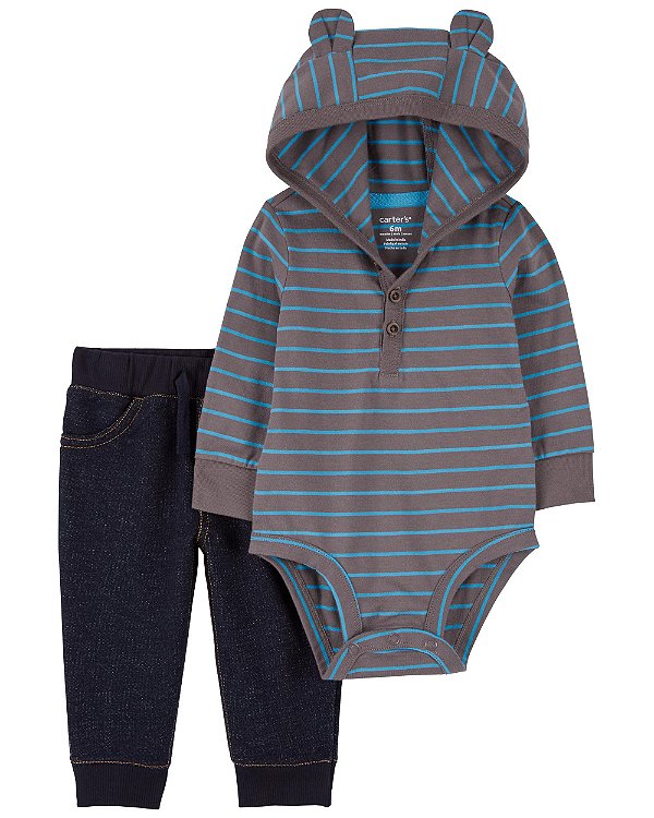 Conjunto Carters 2 pecas Longo Ursinho Azul Listras