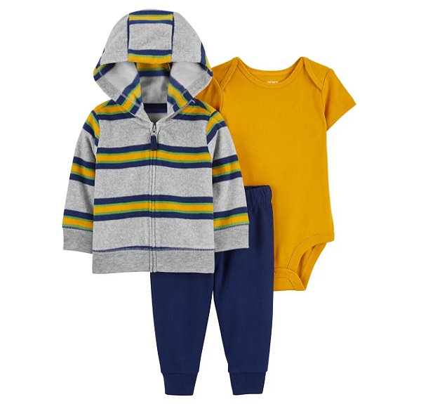 Conjunto Carters 3 pecas Casaco Fleece Cinza Listras Azul