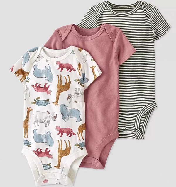 Kit Body Carters Manga Curta 3 pecas Algodao Organico Animais Rosa - Little Planet