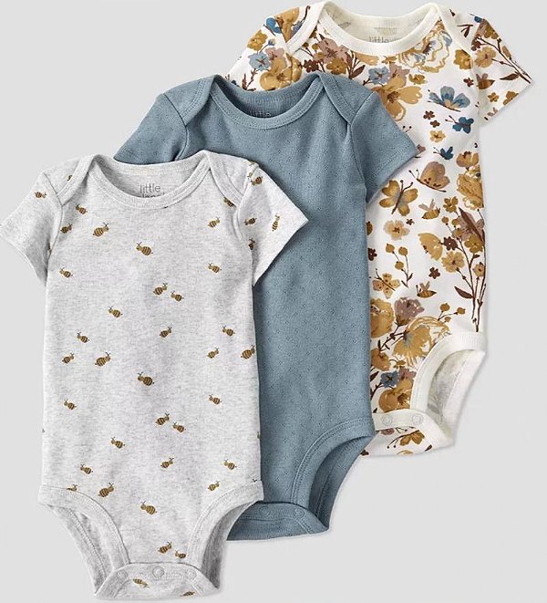 Kit Body Carters Manga Curta 3 pecas Algodao Organico Flores Amarelo - Little Planet
