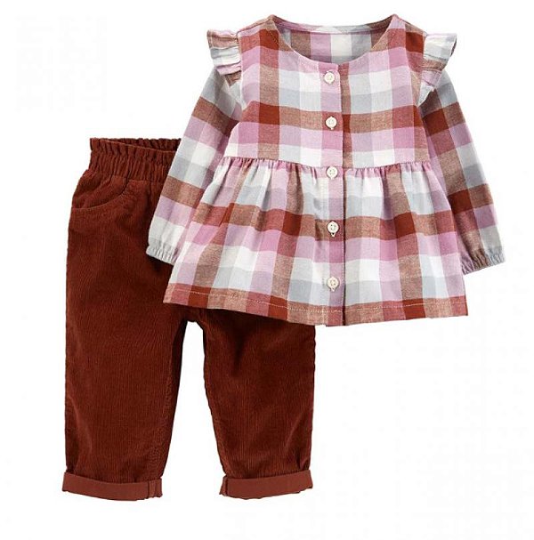 Conjunto Carters 2 pecas Longo Camisa Bata Xadrez Lilas