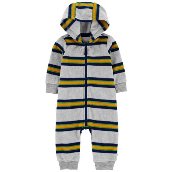 Macacão Carters Fleece Bebe Jumpsuit Listras Cinza e Azul