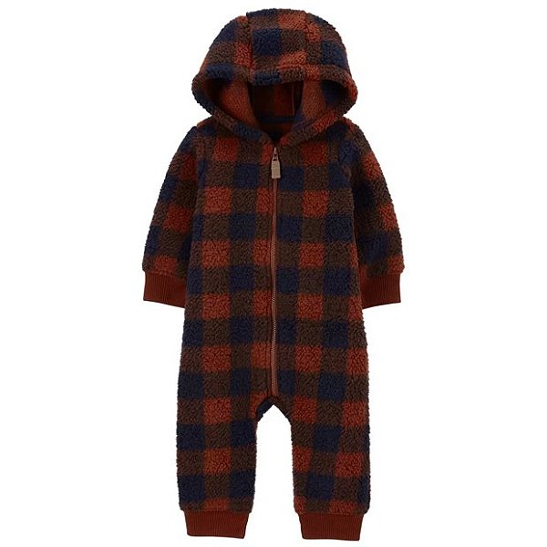 Macacão Carters Fleece Bebe Jumpsuit Xadrez Marrom Sherpa