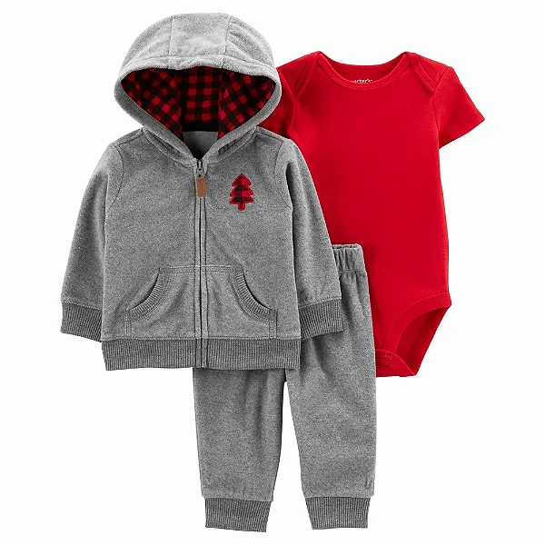 Conjunto Carters 3 pecas Casaco Fleece Cinza e Vermelho