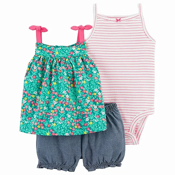 Conjunto Carters 3 pecas Curto Trio Verde Flores