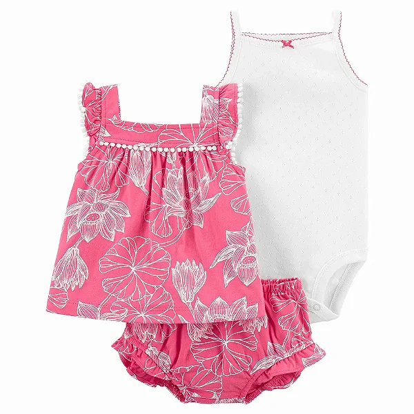 Conjunto Carters 3 pecas Curto Trio Rosa Flores
