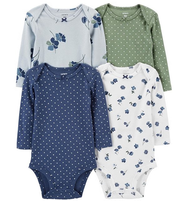 Kit Body Carters Manga Longa 4 pecas Poa e Flores