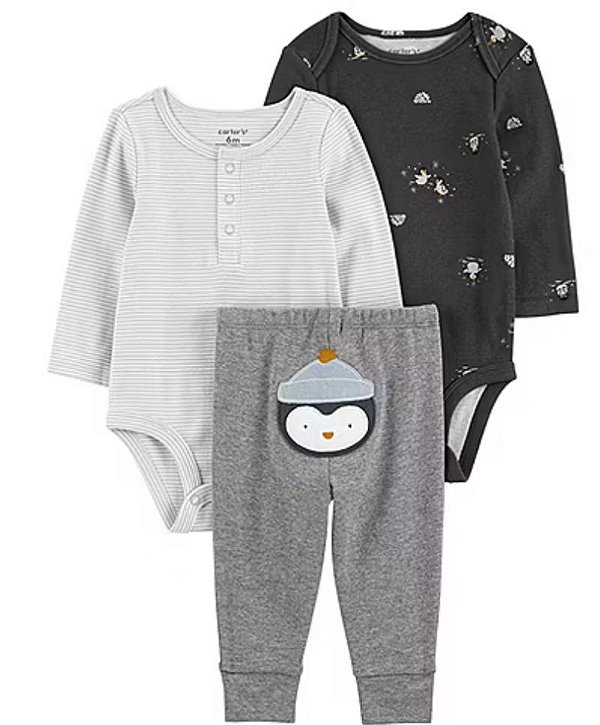 Conjunto Carters 3 pecas Longo Trio Pinguim Cinza