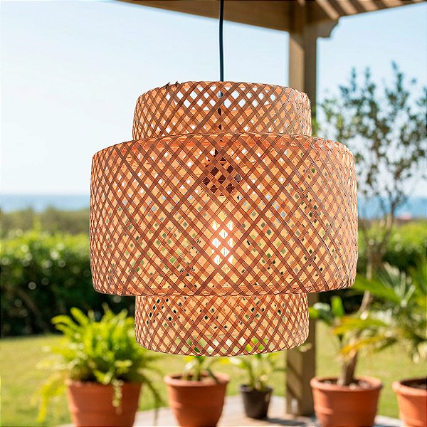 Luminaria Pendente Em Bambu Redondo Natural Decoração Praia Sunfy - Cayman 40cm