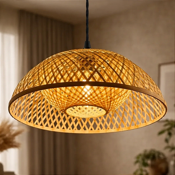 Lustre Rústico Pendente Orgânico - Modelo Tulum - Bambu 45cm - Sunfy Shop