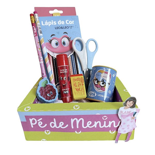 Kit Papelaria Infantil Fini Leo&Leo Presente Criativo – Lápis de Cor, Cola Bastão, Borracha e Acessórios | Pé de Menina