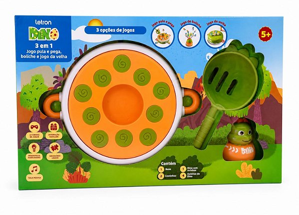 Jogo Dinossauro Infantil 3 em 1 Educativo com Boliche Pega Pega e Jogo da Velha