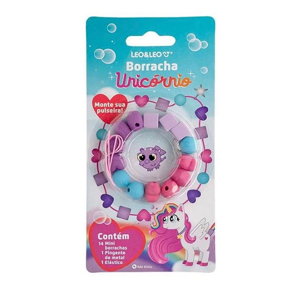 Kit Borracha Unicórnio Infantil Monte Sua Pulseira com 14 Mini Borrachas