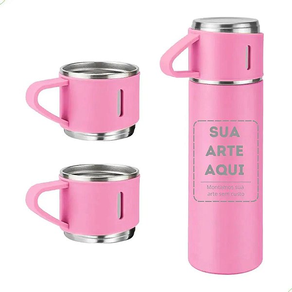 Garrafa Térmica a Vácuo Inox Kit 3 Xícaras de 500ml Personalizada - Cor Rosa Pink
