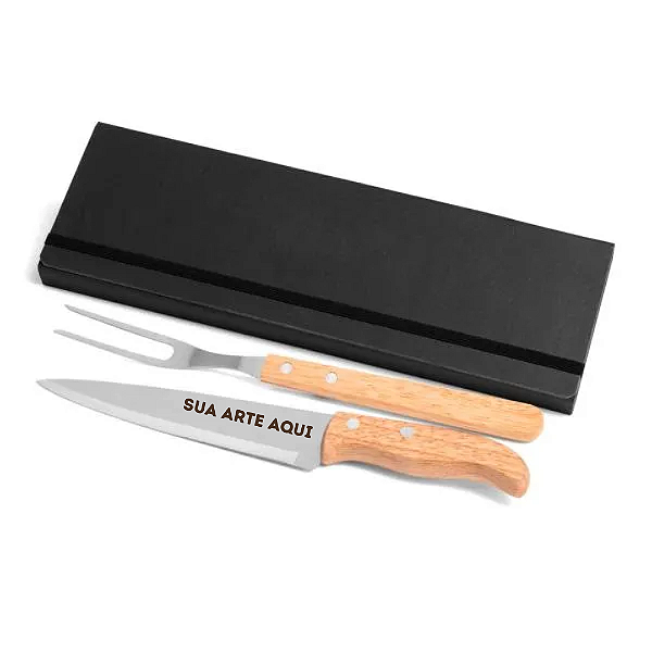 Kit Churrasco em Aço Inox e Cabo de Madeira + Estojo Preto - Personalizado