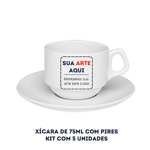 Xícara de Porcelana Branca de 75ml com Pires Personalizada - Kit com 5 unidades