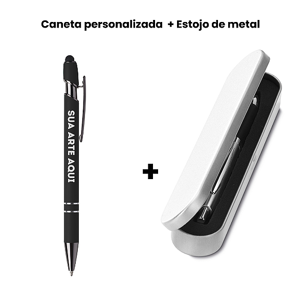 Caneta Touch Metálica Preta com Estojo de Metal Personalizada