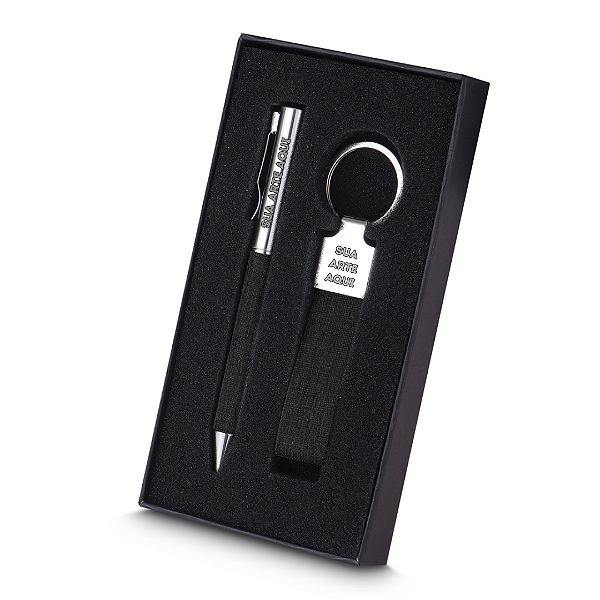 Kit Caneta Metálica com detalhe em RPET reciclável + Chaveiro em metal com detalhe em RPET reciclável Personalizada