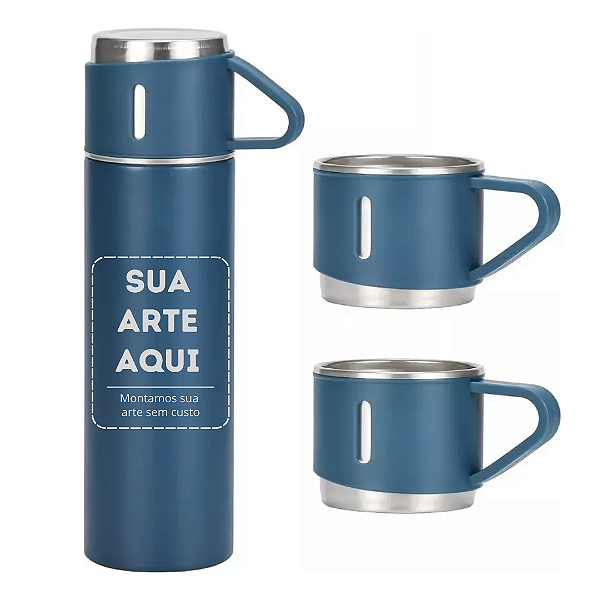 Garrafa Térmica a Vácuo Inox Kit 3 Xícaras de 500ml Personalizada - Cor Azul