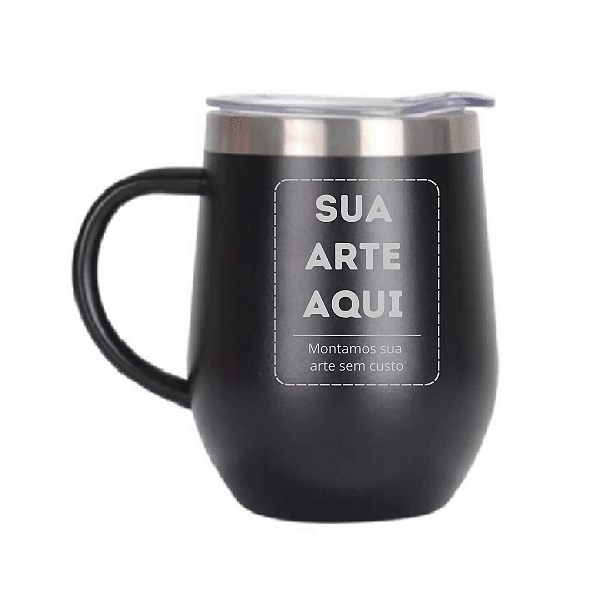 Copo Térmico em Inox Com Tampa e Alça Tipo Cuia 360ml Cor Preta - Personalizado
