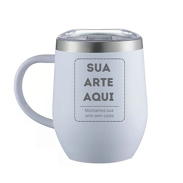 Copo Térmico em Inox Com Tampa e Alça Tipo Cuia 360ml Cor Branca- Personalizado