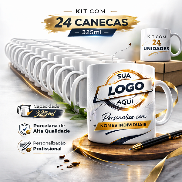 Kit 24 Canecas em Porcelana Branca de 325ml Personalizada