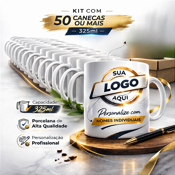 Kit 50 Canecas em Porcelana Branca de 325ml Personalizada