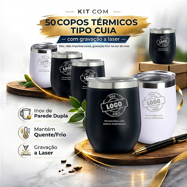 Kit 50 Copos Térmicos em Inox Com Tampa Tipo Cuia 360ml - Personalizado