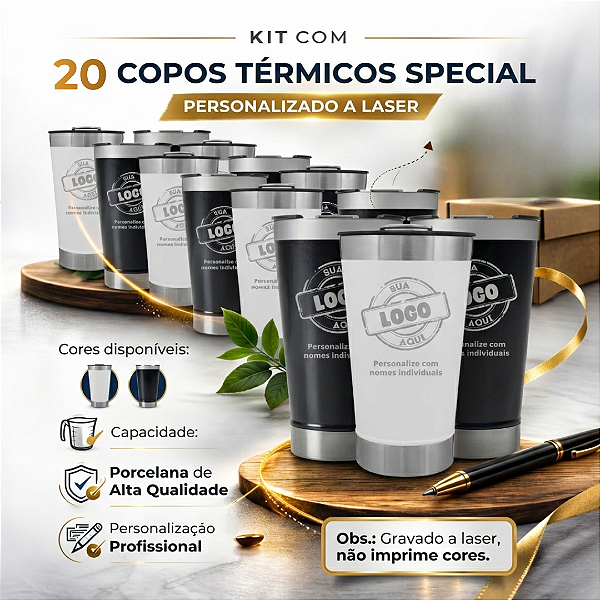 Kit 20 Copos Térmicos Special de Inox Com Tampa 502ml - Personalizado