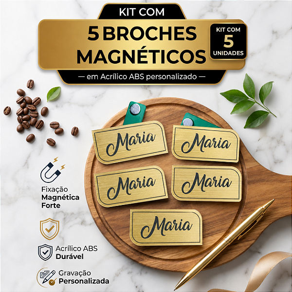 Kit 5 Broches em acrílico ABS Magnético Retangular Canto Arredondado - Personalizado