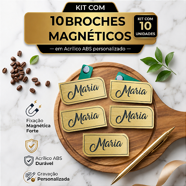 Kit 10 Broches em acrílico ABS Magnético Retangular Canto Arredondado - Personalizado