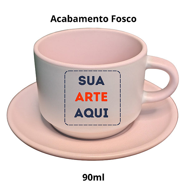 Xícara de Porcelana Branca Fosco de 90ml com Interior Alça cor Rosa Personalizada Com Pires
