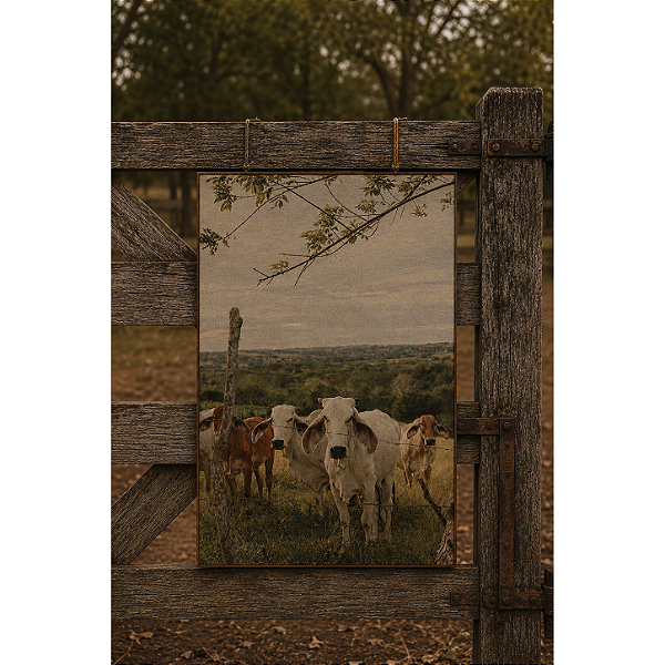 Quadro Gado No Pasto Pastando - 60 x 90 cm - Moldura De Couro