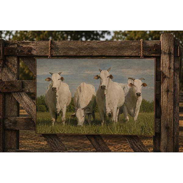 Quadro Gado Nelore No Pasto Pastando - 60 x 90 cm - Moldura De Couro
