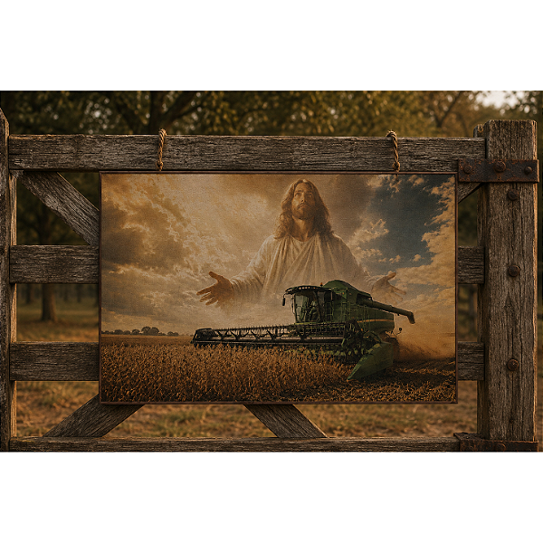 Quadro Deus Abençoando a Colheita - 60 x 90 cm - Moldura De Couro