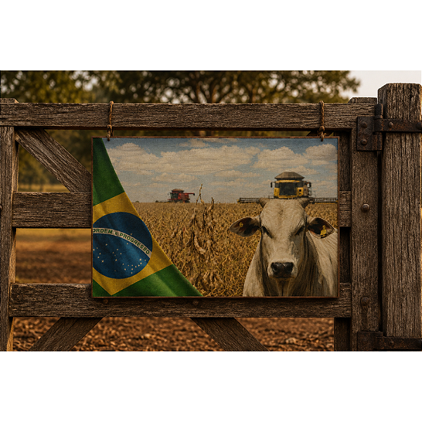 Quadro Agro Brasil Colheita E Gado - 60 x 90 cm - Moldura De Couro