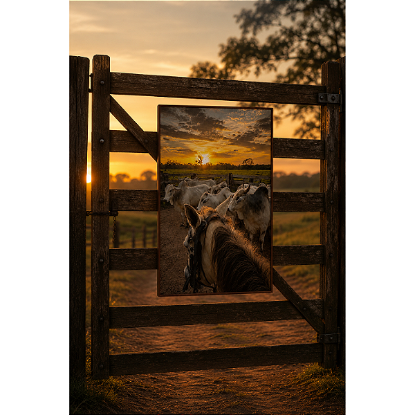 Quadro Tocando o Gado Por do Sol - 60 x 90 cm - Moldura De Couro