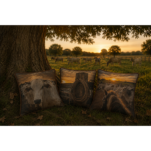 Kit 3 Almofadas Tocando o Gado Por do Sol - 43 x 43 cm - Com Vivo de Couro
