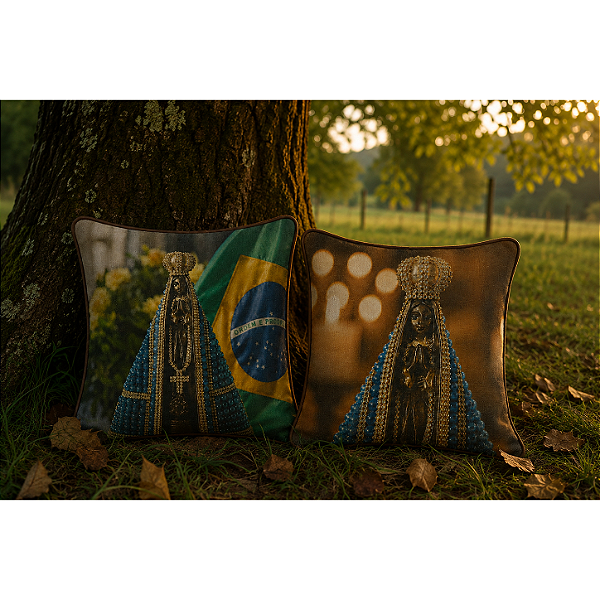 Kit 2 Almofadas Nossa Senhora de Aparecida Agro - 43 x 43 cm - Com Vivo de Couro