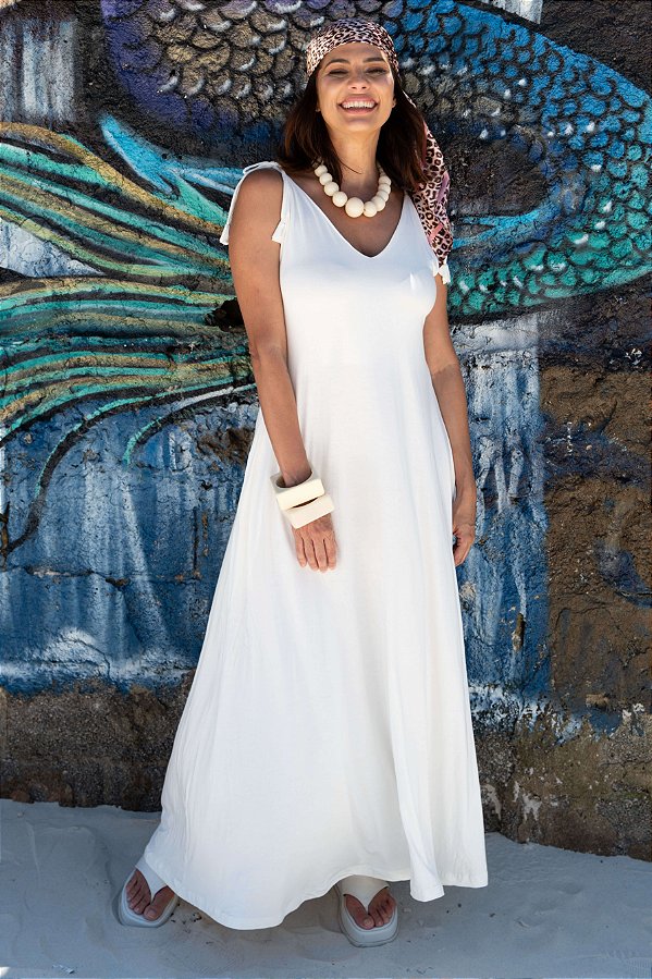 Vestido Malha Longo Alças Ajustáveis Offwhite