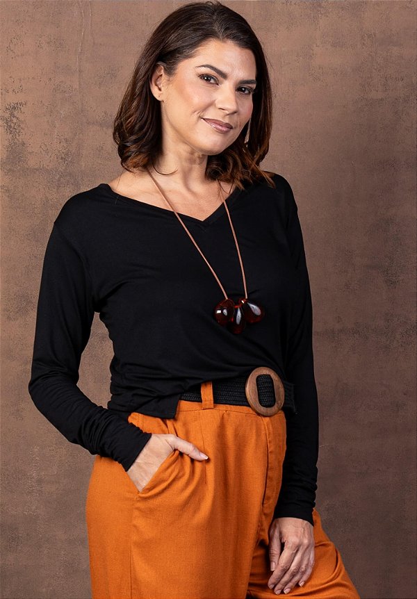 Blusa Manga Longa Decote V Malha Preta
