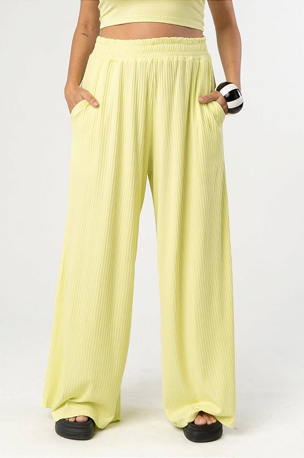 Calça Pantalona Malha Canelada Lime