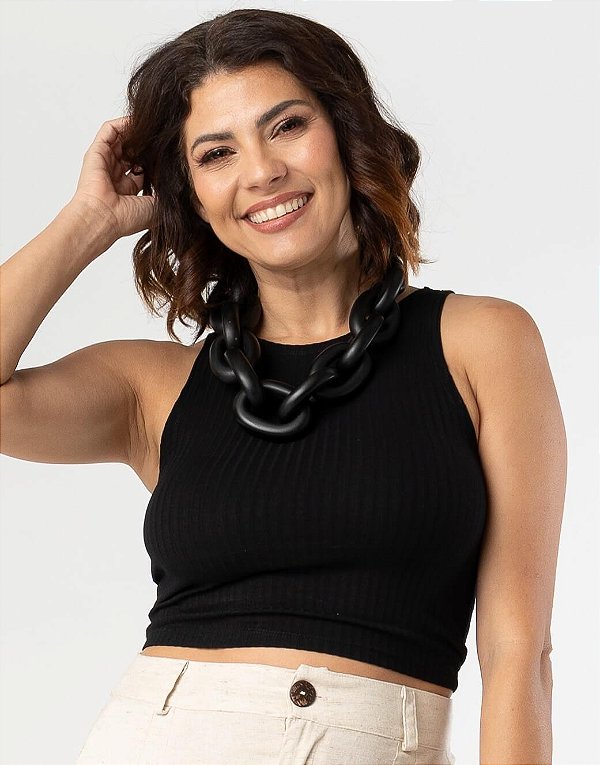 Regata Cropped Malha Canelada Preta