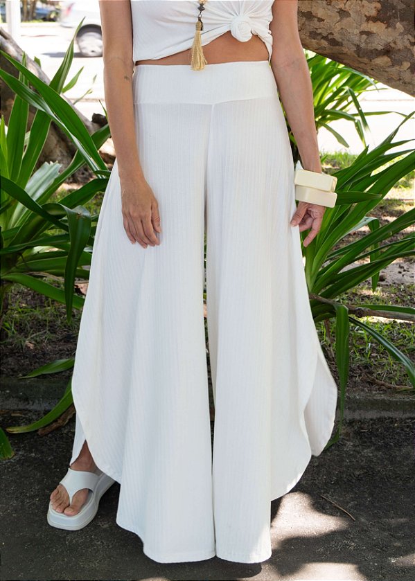 Calça Fenda Malha Canelada Offwhite