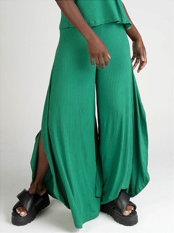 Calça Fenda Malha Canelada Verde